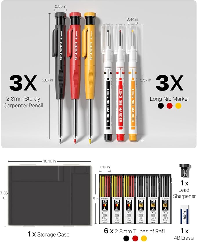 STAGEEK 2.8mm Carpenter Pencils with Sharpener, 3-Pack, Storage Case | 39 Refills, Deep Hole Long Nib Marker, Waterproof Heavy Duty Woodworking Tools for Architect Construction Electricians
