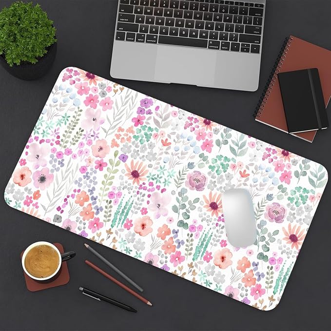 Flower Large Mouse Pad, Floral Desk Matt for Desktop, PU Leather Waterproof Desk Pad, Computer PC Laptop Protector Gaming Mouse Pads for Women Office Decor (23.6" x 11.8")