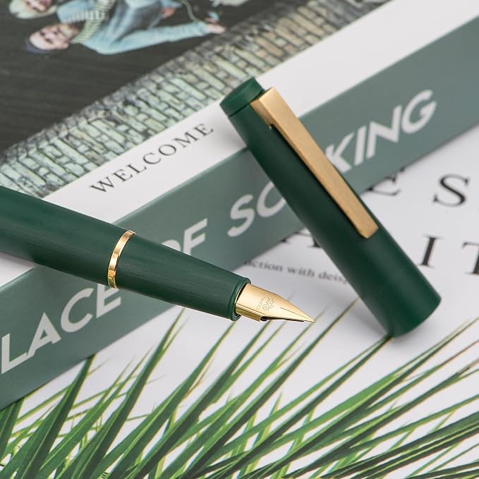Jinhao 80 Dark Green Fiber Brushed Fountain Pen, Iridium Ultra Fine Gold Nib with Ink Converter, Classic Design Smooth Writing Pen (Gold Clip)