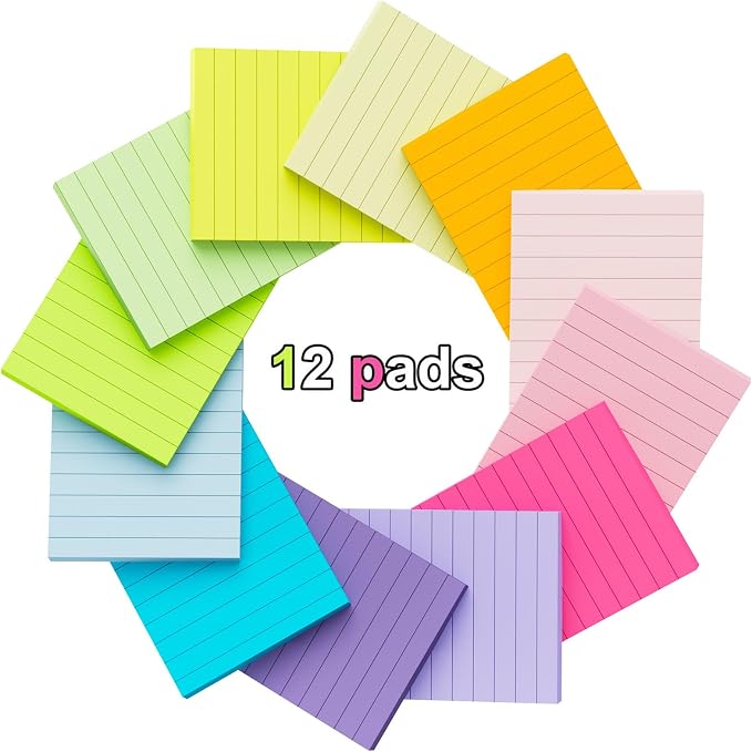 (12 Pack) Lined Sticky Notes 4x6 in,Large Super Sticky Note Pads for School | Sticky Notes with Lines, Self-Stick Note Pads, Rectangular Sticky Notes for Office, Home, School & Meetings Teacher supplies