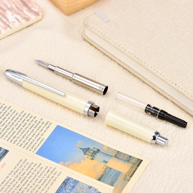 Jinhao 20 Press Retractable Fountain Pen Medium Nib with Converter Resin Writing Gift Pen, Ivory with Silver Clip