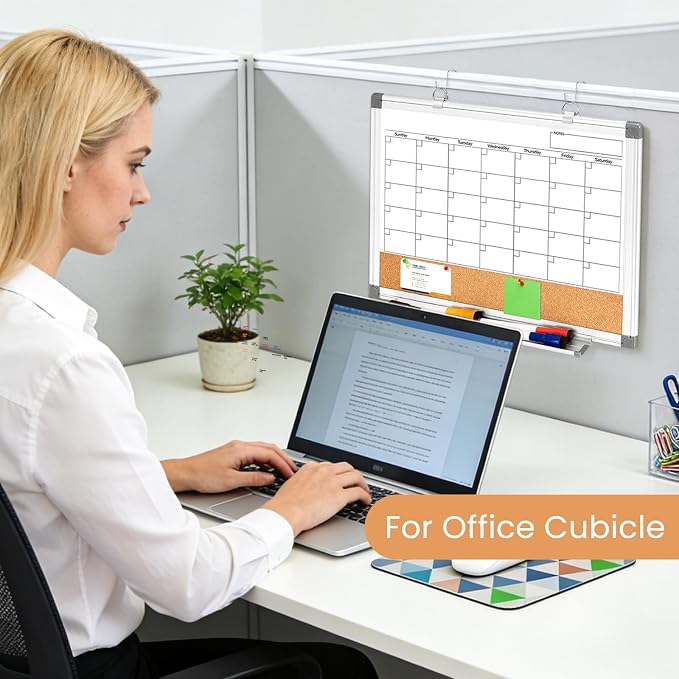 Small Monthly Dry Erase Calendar Whiteboard for Wall, 16" x 12" Double-Sided Magnetic Cute Calendar Dry Erase Board, Portable Hang Framed White Board Corkboard for Cubicle, Office, Home, College Dorm