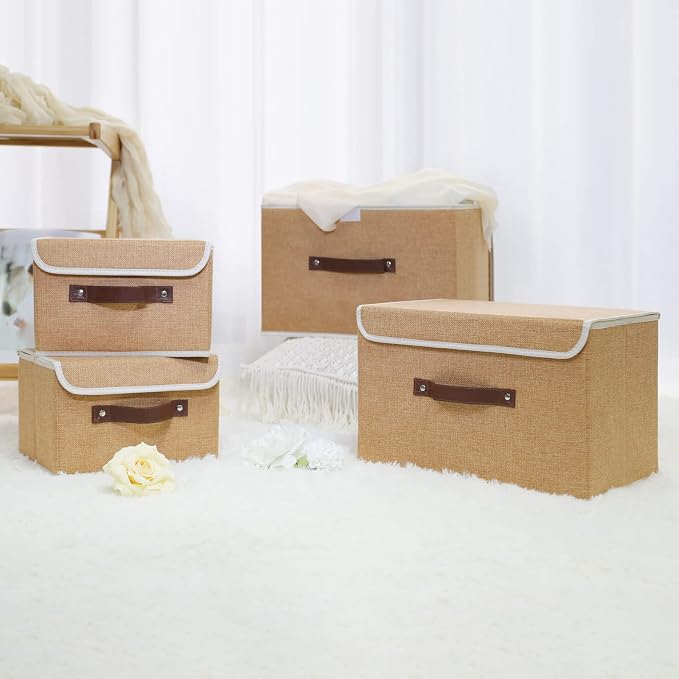 ANMINY Storage Bin with Lid Storage Boxes with PU Leather Handles PP Plastic Board Decorative Foldable Lidded Cotton Linen Fabric Home Cubes Baskets Closet Organizer Container - Khaki, Large Size