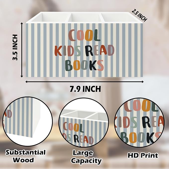Boho Reading Room Pen Pencil Holder Organizer for Desk, Cool Kids Read Books Bookish Wooden Box Signs Decorations for Kids Reading Room Classroom Desk Tabletop, Book Lover Reader Gifts