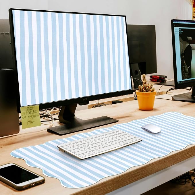 L-SPOUTTO Blue Striped Mouse Pad,Scalloped Desk Mat XXL Large Geometric Gaming Mousepad,35.4x15.7in Non-Slip Rubber Base Keyboard Pad Waterproof Desktop Mat for Laptop Computer Game Home Office