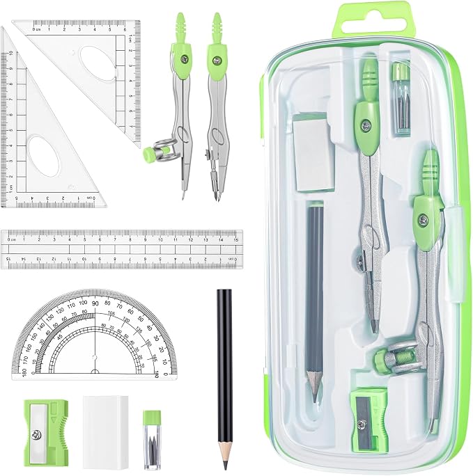 Zonon Math Geometry Set for Students 10 Pcs Compass Geometry Tools Kit Includes Protractor Compass Lead Refills Rulers Pencil Sharpener Eraser Pencil Storage Box for Drafting and Drawings(Green)
