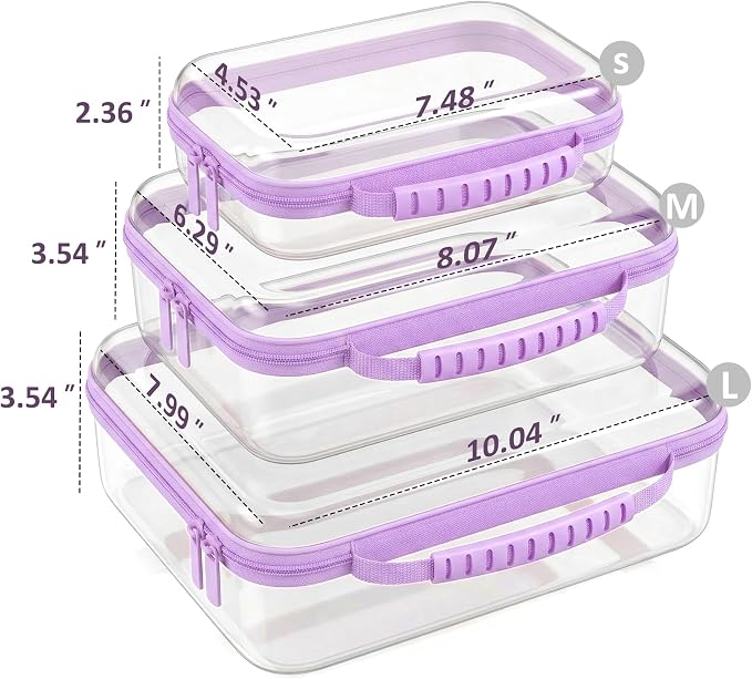 Large Clear Hard Shell Zipper Case With Handle,3 Pcs Travel Toiletry Bag, Makeup Bags Swim Diaper Bag Toys Storage For Diapers,Cosmetics,Puzzles,Reusable Organizer Pouch,Portable Waterproof (Purple)