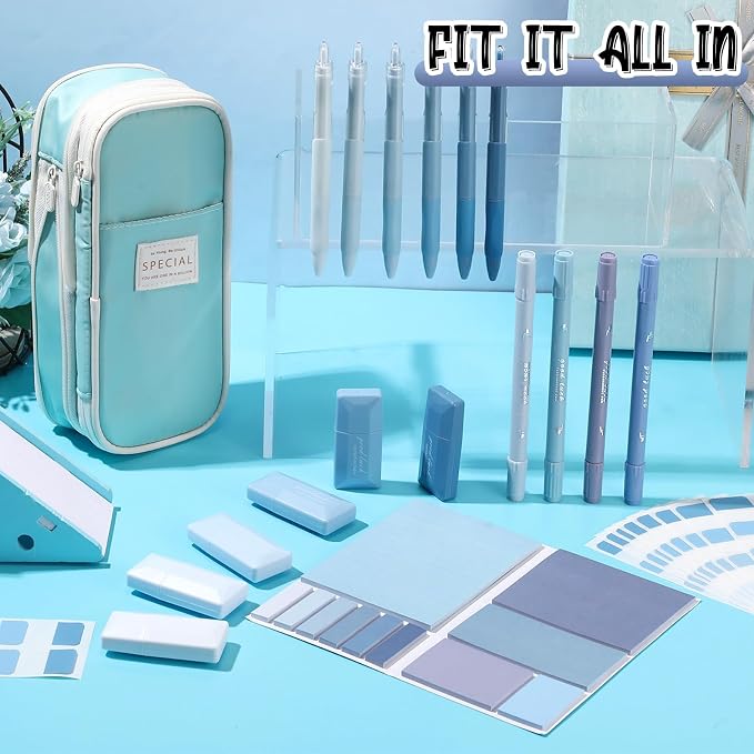 38 Pcs Aesthetic Office Supplies with Pen Case Sticky Notes Gel Pens Highlighters Correction Tapes Stationery Kit for Office Work Coworkers(Light Blue Color,Classic)