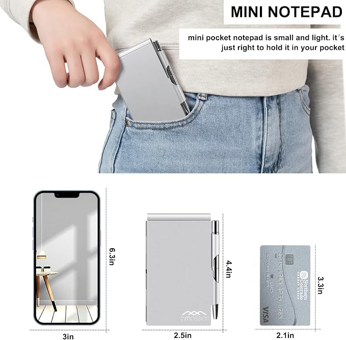 amassan Metal Pocket Notebook, Portable Small Pocket Notepad Aluminum Note Case with Mini Metal Pen and 60-Page Sheets (Pure Sliver)