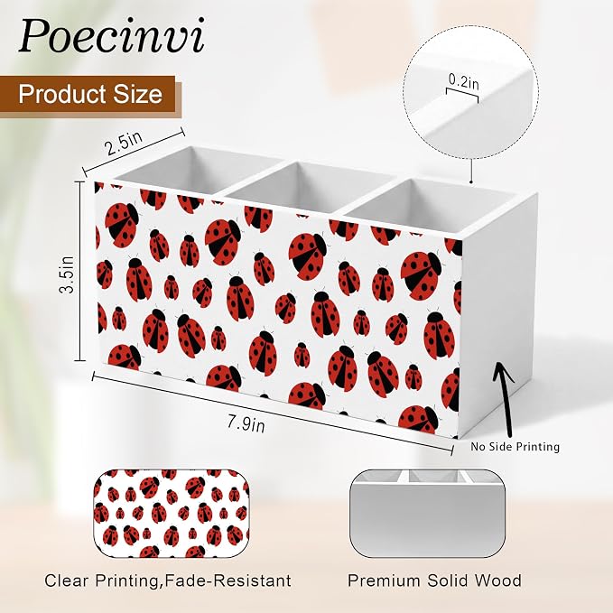 Red Ladybug Pen Holder for Home Office Desk, Ladybug Gifts, Cute Lady Bug Wooden Box Sign Pencil Holder for Desk Shelf Organizer