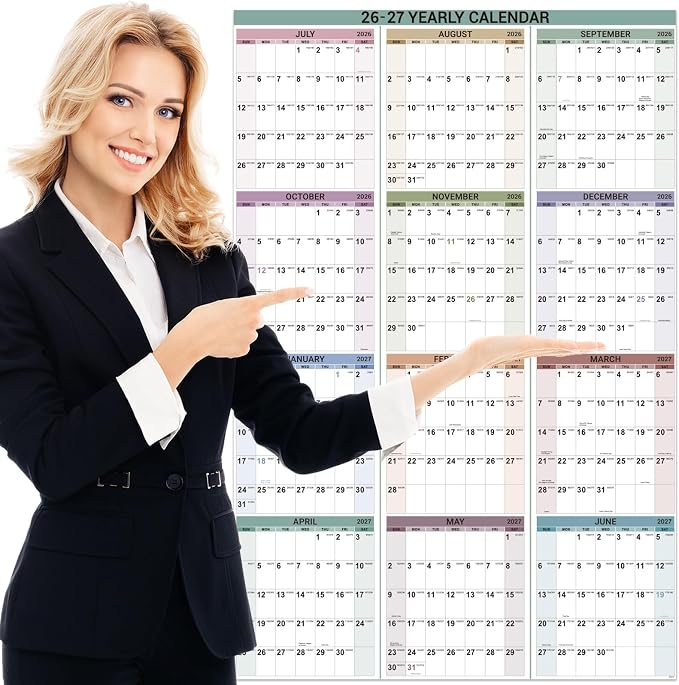 2026-2027 Yearly Wall Calendar - Jul. 2026 - Jun.2027, 34.4" x 22.8" (Open) | Wall Calendar 2026-2027 with Round Sticks, Thick Paper, Vertical
