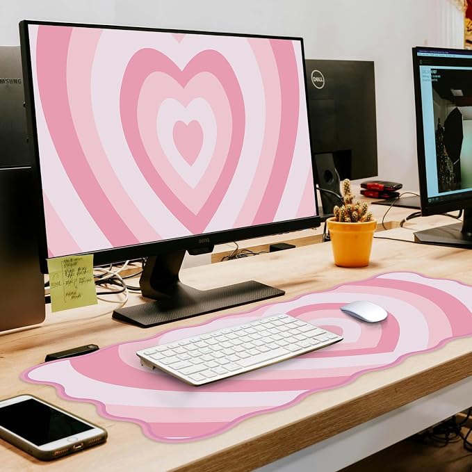 L-SPOUTTO Pink Mouse Pad,Cute Desk Mat XXL Large Scalloped Gaming Mousepad,35.4x15.7in Non-Slip Rubber Base Keyboard Pad Waterproof Desktop Mat for Laptop Computer Work Game Home Office-Pink Heart