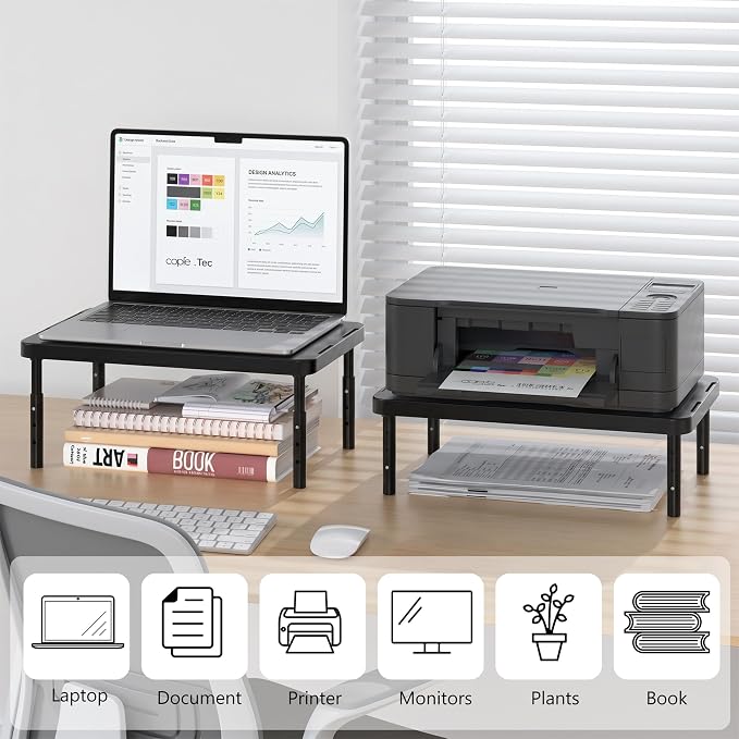 WALI Monitor Riser for Desk, 3 Height Adjustable Laptop Riser with Airflow Vents, Desk Organizer for Computer/Printer/Notebook, 2-Pack for Dual Monitor Setup, Black (PTT001‑2)