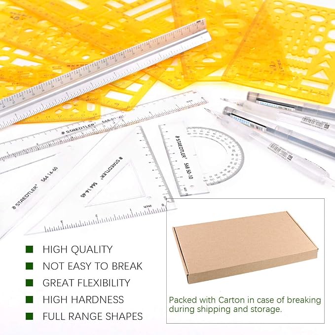 Keadic 12Pcs Geometric Drawings Templates, Geometry Ruler Plastic, Clear Shape Template Yellow Architect Scale Measuring Ruler Drafting Stencils Measuring Tools for Designing and Building