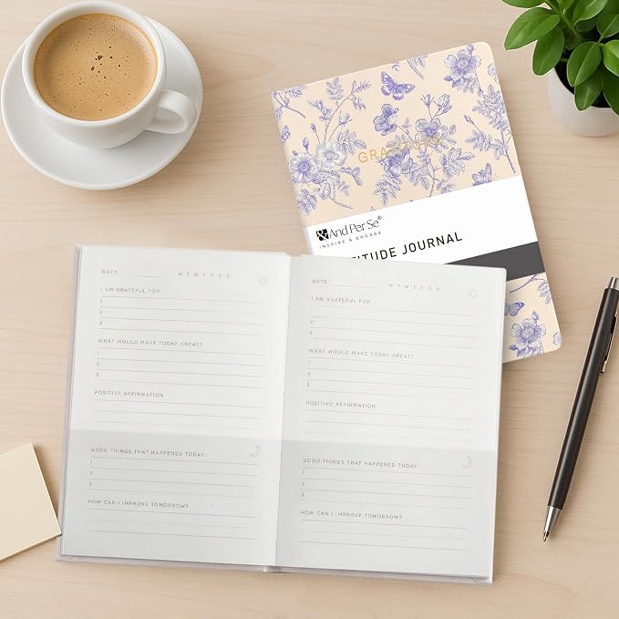 And Per Se Gratitude Journal for Women – 5 Minute Daily Practice with Prompts & Quotes – Undated Mindfulness & Happiness Notebook (Blue Flowers)