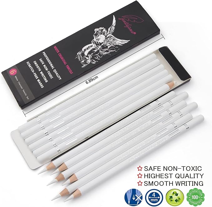 GETHPEN White Charcoal Pencils Set, High-light Sketch Chalk Pencil,6 Pieces | White Charcoal and High-light Sketch Pencils,Drawing, Sketching, Shading, Blending, White Chalk Pencils, Beginners & Artists