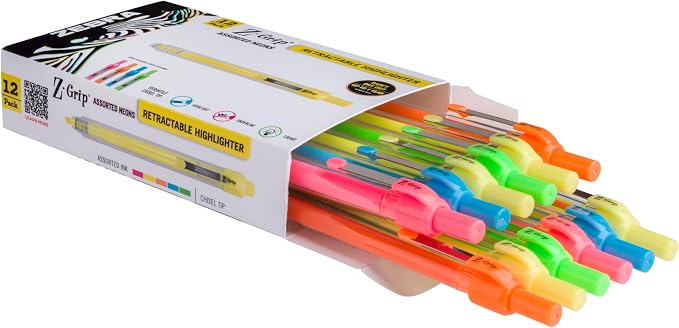 Zebra Pen Z-Grip Retractable Highlighter, Assorted, Chisel Tip, 12-Pack | Metal Clip, Ideal for School, Office and Teacher Supplies, Note-Taking, Studying, and Planners, Transparent Barrel (71200)
