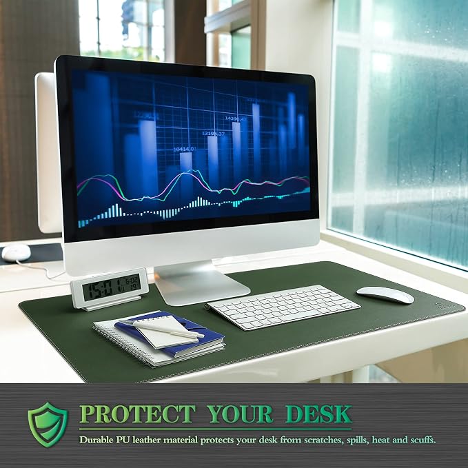 K KNODEL Large Sewing Leather Desk Mat, Desk Pad (Dark Green, 35.4" x 17") | Mouse and Keyboard Pad, PVC Computer and Laptop Mat, Desktop Protector and Cover, Writing Pad and Blotter for Home Office