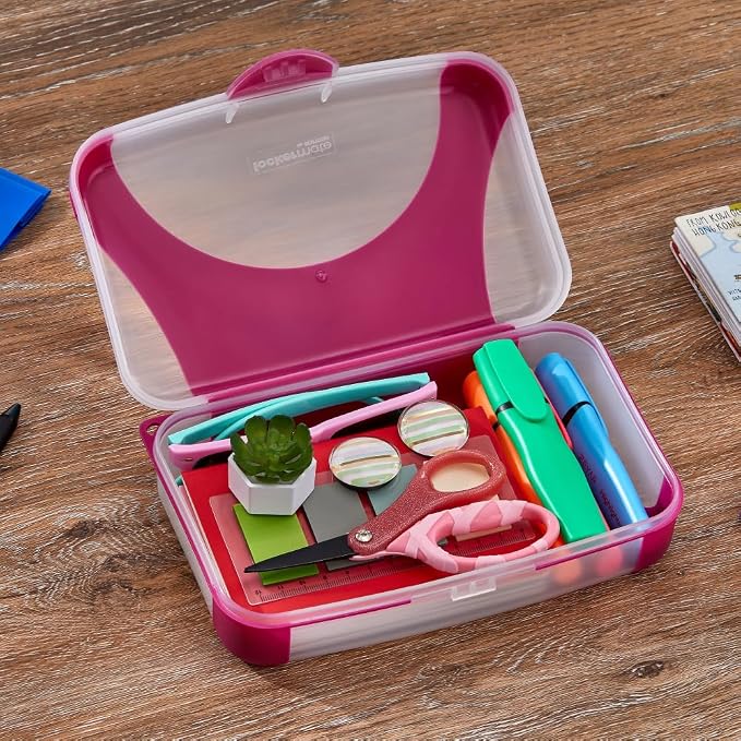 LockerMate by Bostitch Hard Pencil Case, Durable Plastic Pencil Box, Kid-Friendly Design, Fuchsia & Clear
