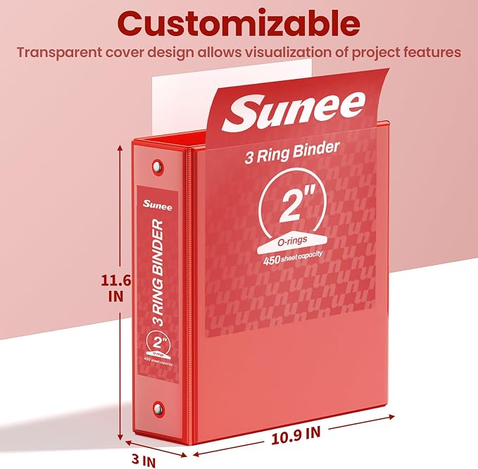 SUNEE 2 Inch Binders 3 Ring 6 Pack, Clear View Three Ring 2" Binders PVC-Free (Fit 8.5x11 Inches) for School or Office Supplies, Classic 6 Colors