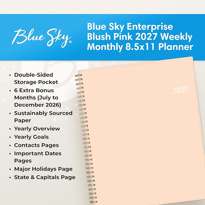 Blue Sky 2027 Weekly & Monthly Planner, 8.5"x11", Enterprise Blush Pink | January 2027 - December 2027, Flexible Cover, Durable Twin Wire Binding, Laminated Tabs, Storage Pocket