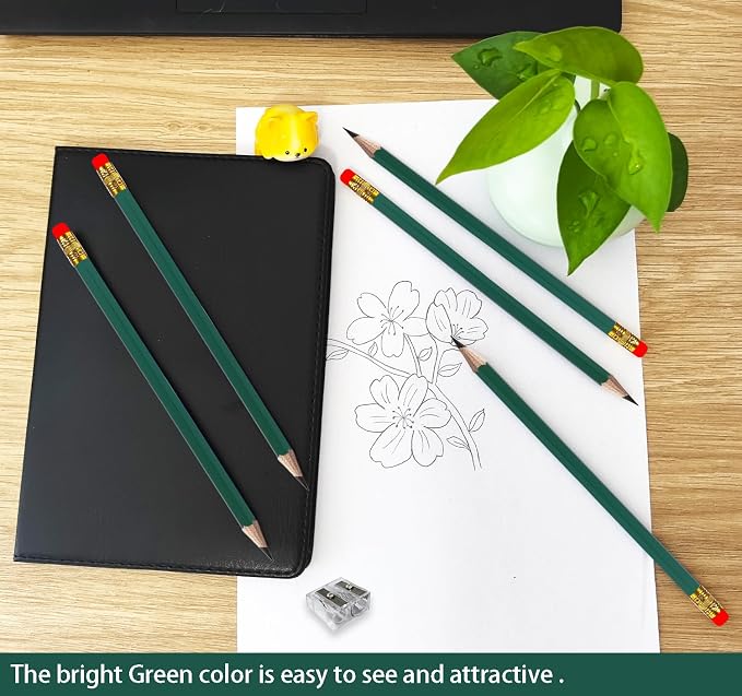 Adhere 25pcs Woodcase Pencils with Eraser Premium Pre-Sharpened Hexagon Graphite 2B pencils ideal for home, office writing including a Free Sharpener.(Dark Green)