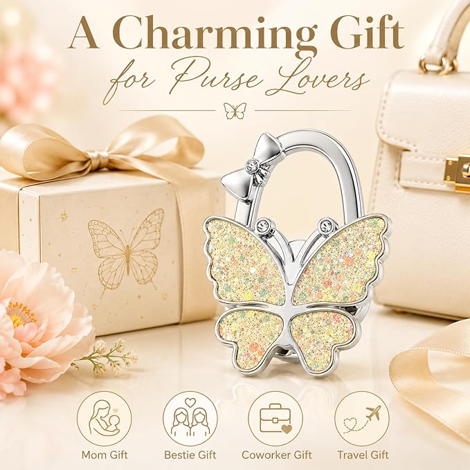 Purse Hook for Table, Foldable Handbag Hanger for Women, Portable Bag Holder with Non-Slip Base, Cute Bling Yellow Butterfly Purse Table Hook for Restaurant Office Travel Gift