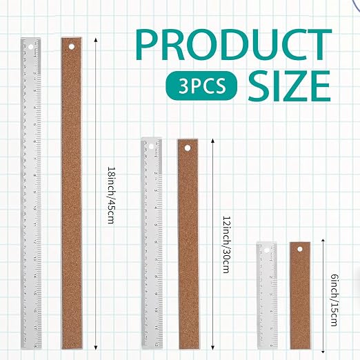 Metal Ruler 6+12+18 Inch Stainless Steel Ruler with Cork Backing, Non-Slip with Inch and Centimeters, Straight Edge Rulers for Student School Office Drafting Tools