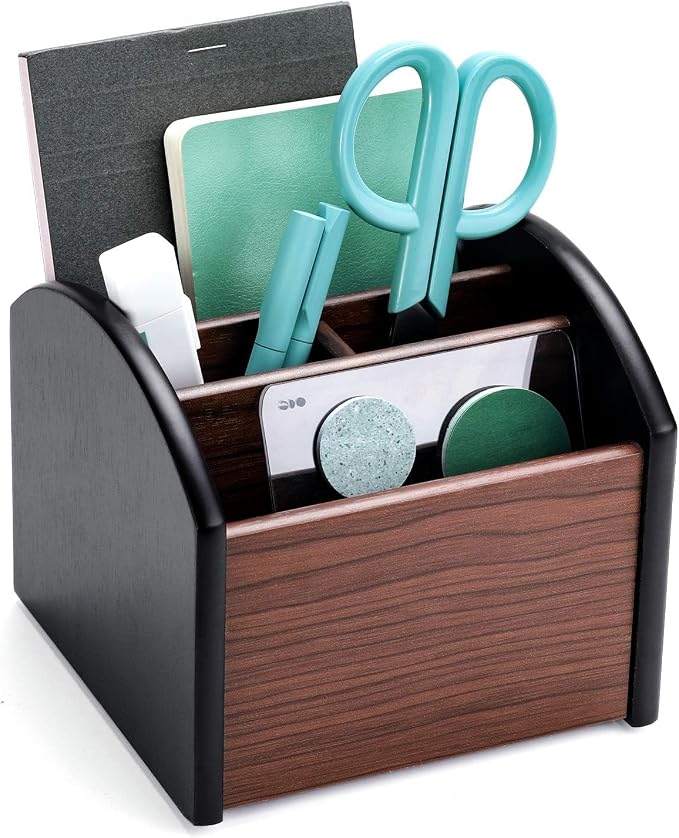 MaxGear Remote Control Holder Caddy, Wooden Desk Organizer, 4 Compartments | 360° Rotating Wooden Caddy; 4 Compartments for Remotes & Desk Supplies; Anti-Slip Base