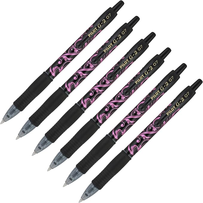 PILOT G2 Premium Gel Roller Pens, Fine Point 0.7 mm, Black Ink, Fashion Collection, Pink Floral Design, Pack of 6