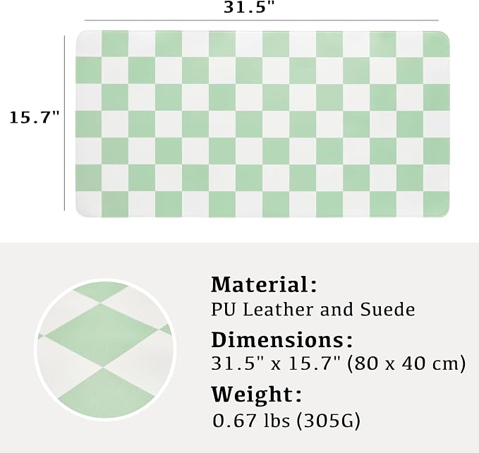 Ohocut Checkered Desk Mat, 31.5" x 15.7" Large Cute Sage Green Aesthetic Retro Accessories PU Leather Computer Laptop Desk Mat, Mouse Keyboard Pad, Desk Writing Makeup Mat for Vanity/Work/Home Decor
