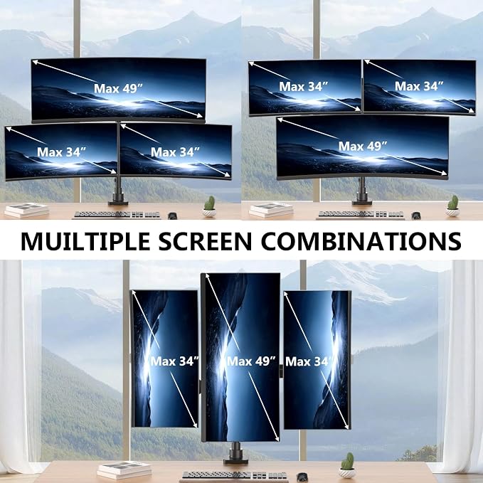 WALI Triple Monitor Mount - Extra Tall 3 Monitor Desk Mount for 17-49 Inch Ultrawide Screens, Up to 44 lbs, Fully Adjustable Heavy Duty Monitor Arm, VESA 75/100 mm (GSDM003-P), Black