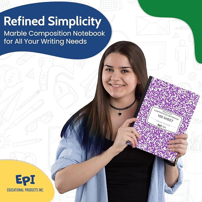 960 Pack (Pallet) EPI Wide Ruled Composition Notebook Assorted Colors, Bulk, 200 pages (100 Sheets), 9-3/4 x 7-1/2, Marble, Bulk School Supplies, Heavy Duty, Durable, Office Notebooks, Sewn Binding