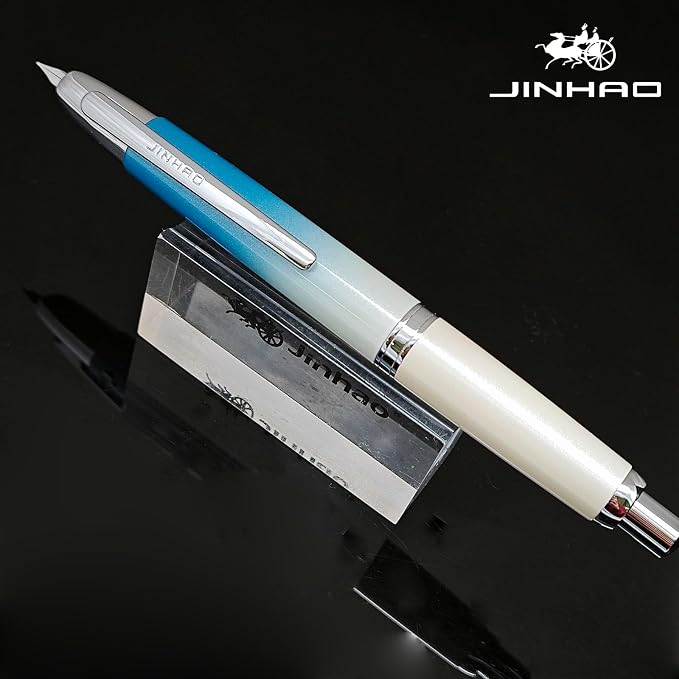 JH10 Press Fountain Pen Fine Nib with Velvet bag, Retractable Blue Metal Ink Pen with Converter Writing (Gradient Blue-F nib)