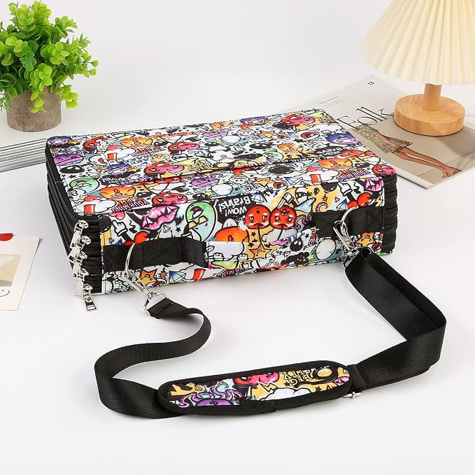 480 Slots Pencil Case, 5-Layer Organizer with Shoulder Strap | 5-layer twill oxford case with 480 elastic slots, carry handle, removable strap, and outer pocket for phone or keys.