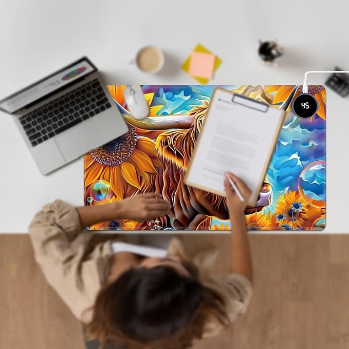 Heated Desk Pad Large Mouse Pad 23.6 x 14.1 inch with 3 Levels Heating & Auto Shut-Off Warm Mouse pad PU Leather Computer Mousepad for Home Office Work - Sunflower Cow