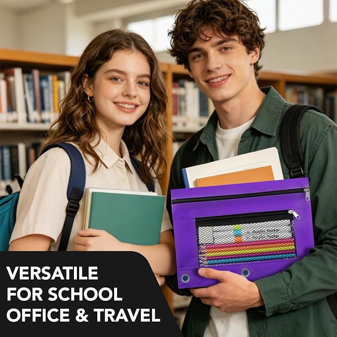 3 Ring Pencil Pouch for Binder, 2-Pocket Zipper Pencil Case with Clear Window & Mesh Pocket, Heavy Duty 600D Oxford Fabric Binder Pouch for School Office Supplies, Fits Standard 3-Ring Binders, Purple