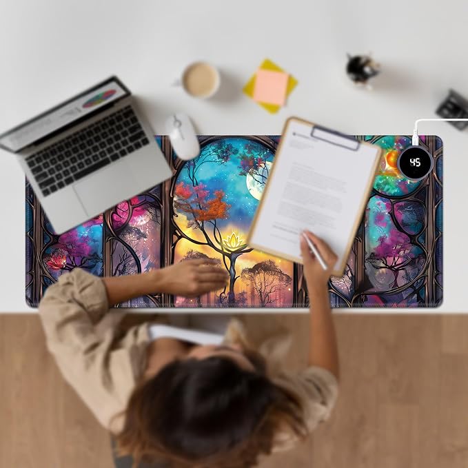 Heated Desk Pad Large Mouse Pad 31.5 x 13 inch with 3 Levels Heating & Auto Shut-Off Warm Mouse pad PU Leather Computer Mousepad for Home Office Work - Galaxy Tree Moon