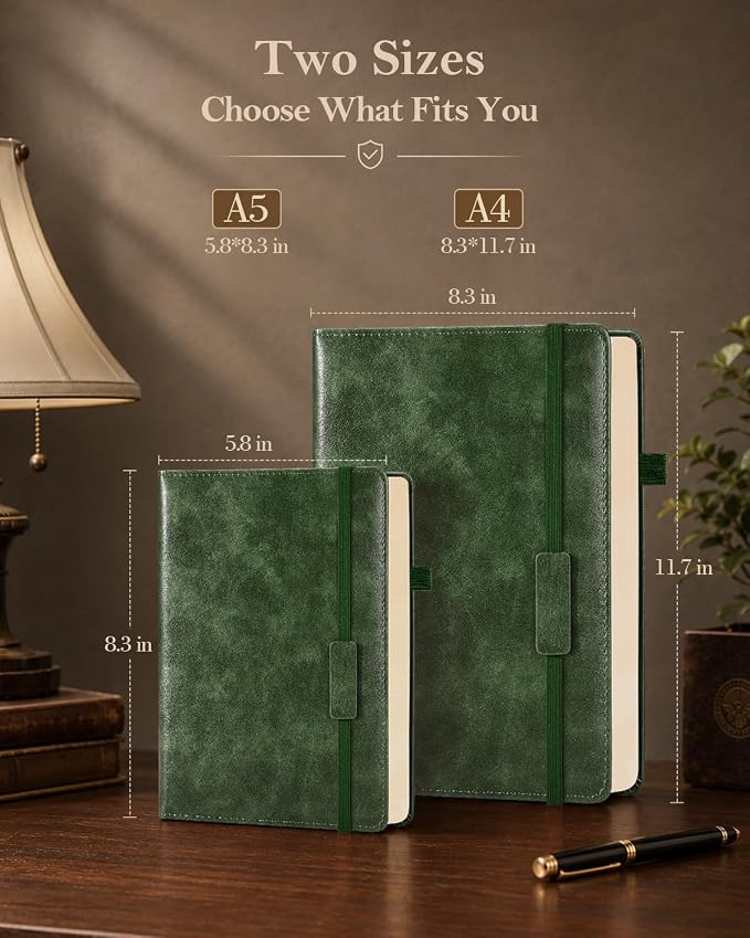 Lined Hardcover Leather Journal Notebook: A5 Journal for Women Men, Green | 312 Numbered Pages & Content, 100GSM Thick Paper, College Ruled Journals Note Book for Business Work Writing Diary