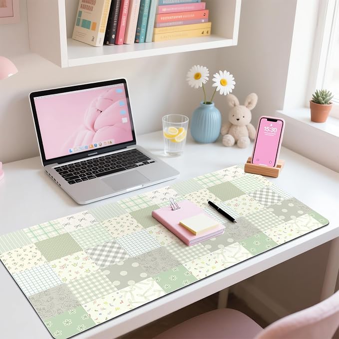 Checkered Plaid Leather Desk Mat Extended Gaming Mouse Pad | Non-slip Large Writing Pad Laptop Blotter Computer Keyboard Mat | Cute Green Desk Protector for Home Office 23.6" x 11.8"