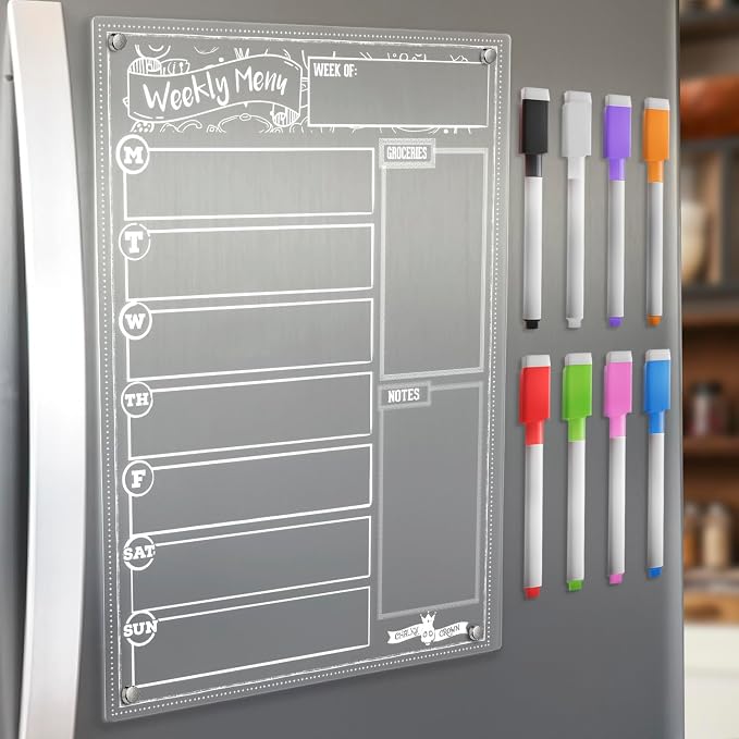 CHALKY CROWN Acrylic Magnetic Weekly Planner for Fridge - Menu Board for Kitchen with 8 Magnetic Markers - Weekly Meal Planner for Fridge with Grocery List & Notepad - Menu Planner (14.5x10.2)