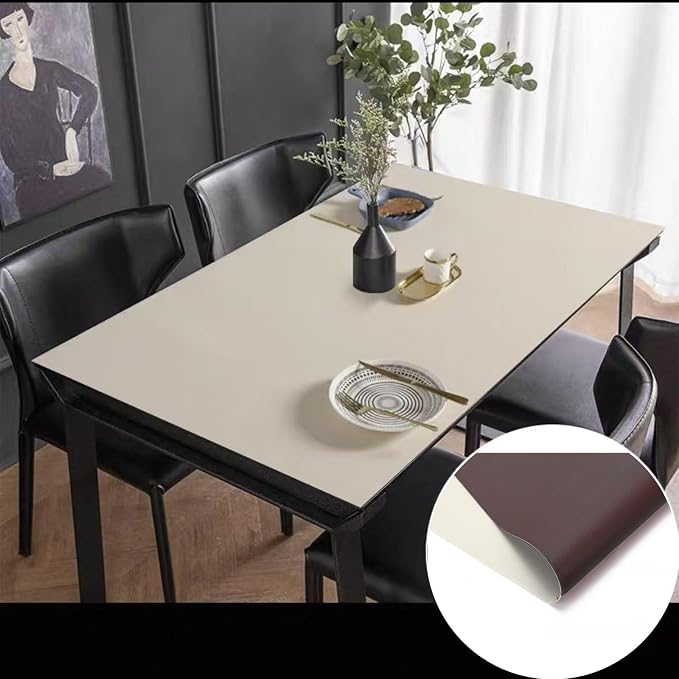 Leather Table Cover,1.8mm Thick,24x48 Inch,Table Protectors for Rectangle,Waterproof Desk Pad, Scratch - Resistant Craft Mat for Dining Table, Office Desk and Art Station (Beige+Dark Brown)