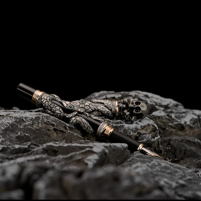 Jinhao Black Snake Fountain Pen Medium Nib Retro Style with Skull Head Solid Metal and Paper Pen Case Set