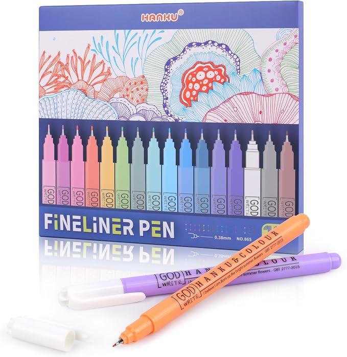 HANKU 0.38mm Fine Point Pen, 16 Colored Fineliner Bible Pens No Bleed Through,Extra Fine Tip Marker Pens for Bullet Journaling,Planner,Coloring,Bible Study Back to School Office Supplies