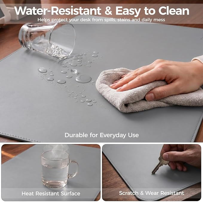 Large Desk Pad Non-Slip Desk Mat Protector for Keyboard Mouse Waterproof Vegan Leather Surface Faux Leather Laptop Mat Smooth Mouse Pad Premium Gift Tube Mist Gray 47" x 17"