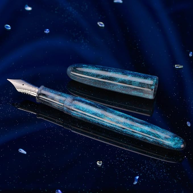Asvine C80 Fountain Pen #8 Extra Fine Nib Large Handcraft Pen with Converter Pen Box Collection Set (Light Blue Glitter)