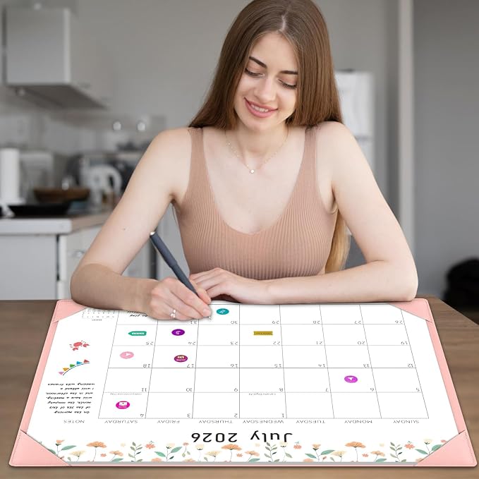 Gannyfer Desk Calendar 2026-2027 with Desktop Mat, Large 22" x 17" Desk Pad Calendar, 18-Month Calendar Use Now Through Jun 2027, Office Supplies for Home School Office, Pink with 6 Stickers