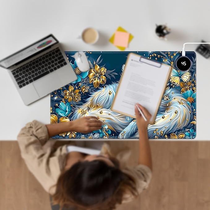 Heated Desk Pad Large Mouse Pad 23.6 x 14.1 inch with 3 Levels Heating & Auto Shut-Off Warm Mouse pad PU Leather Computer Mousepad for Home Office Work - White Fox and Butterflies