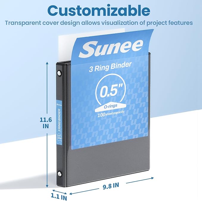 SUNEE 1/2 Inch Binders 3 Ring, PVC-Free Clear View Half Inch Binders (Fits 8.5x11 Inches) for School, Office & Home Use, Black