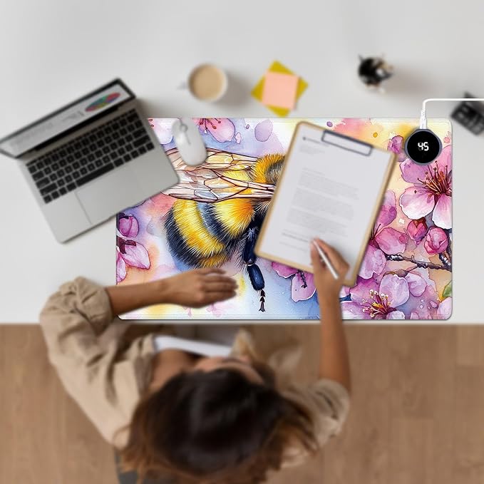 Heated Desk Pad Large Mouse Pad 23.6 x 14.1 inch with 3 Levels Heating & Auto Shut-Off Warm Mouse pad PU Leather Computer Mousepad for Home Office Work - Cherry Blossom and Bee